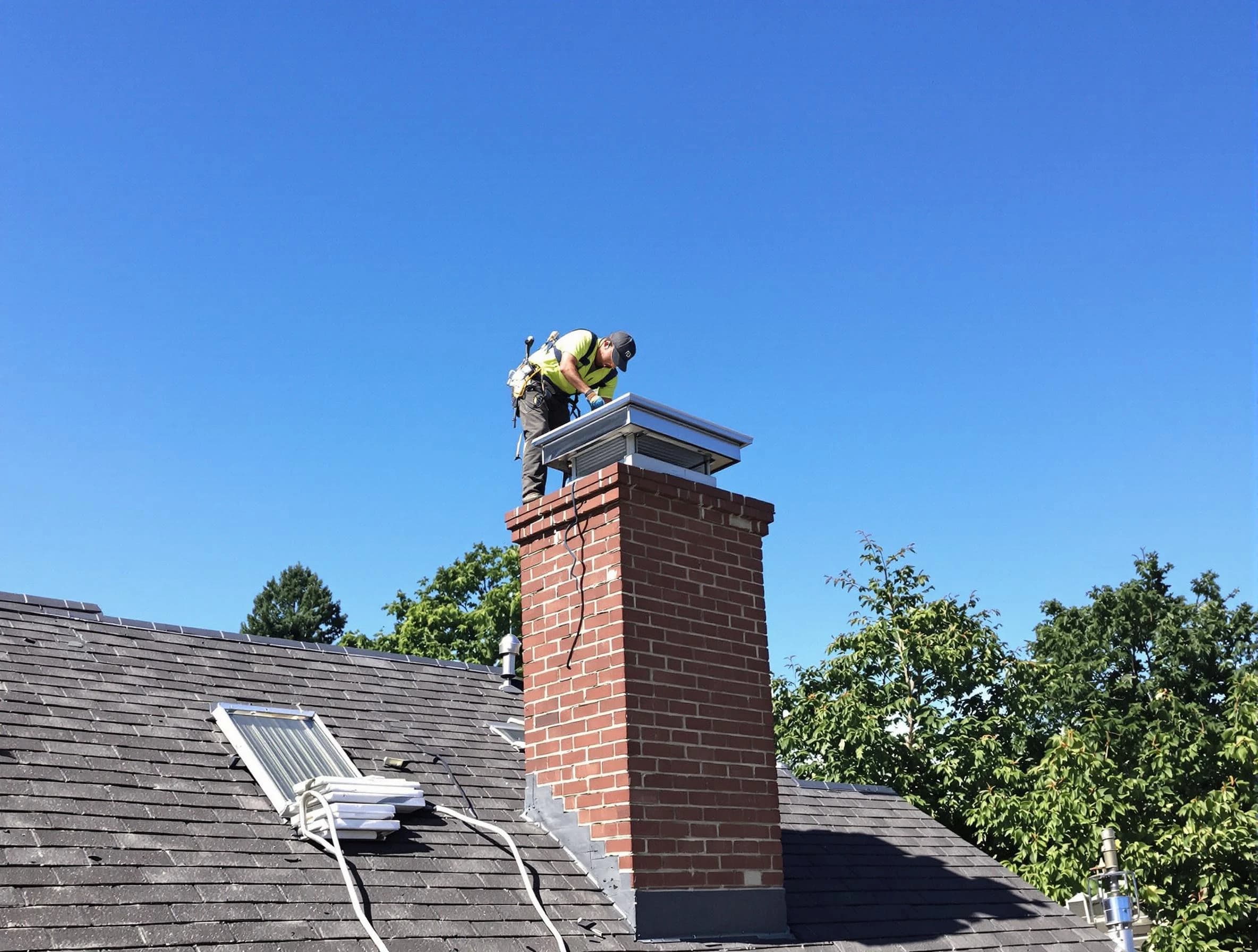 Shrewsbury Chimney Sweep technician measuring a chimney cap in Shrewsbury, MA